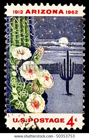 UNITED STATES - CIRCA  1960\'s : A stamp printed in United States. Celebrating Arizona becoming the 48th state in 1912. The Saguaro Cactus Blossom is the state flower. United States - circa 1960\'s