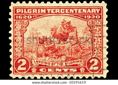 UNITED STATES - CIRCA 1920\'s : A stamp printed in United States. Landing of the Pilgrims at Plymouth, Massachusetts in 1620. United States - CIRCA 1920\'s