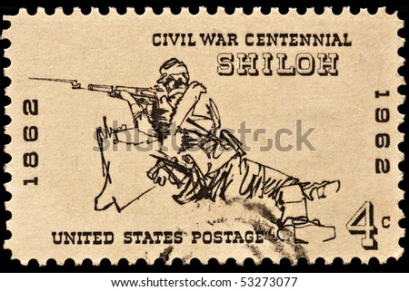 UNITED STATES - CIRCA 1960\'s : A stamp printed in United States. Rifleman at the battle of Shiloh. The American Civil War. United States - CIRCA 1960\'s