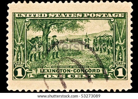 UNITED STATES - CIRCA 1920\'s : A stamp printed in United States. George Washington at the battle of Lexington-Concord. The American Revolution. United States - CIRCA 1920\'s