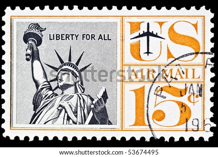 UNITED STATES - CIRCA 1950\'s : A stamp printed in United States. Statue of Liberty Airmail postage stamp. United States - CIRCA 1950\'s
