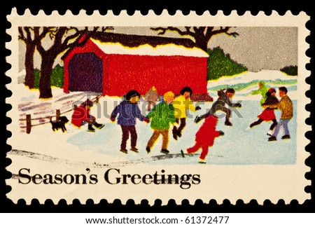 UNITED STATES - CIRCA 1980\'s : A stamp printed in United States. Kids Skating Christmas Issue. United States - CIRCA 1980\'s