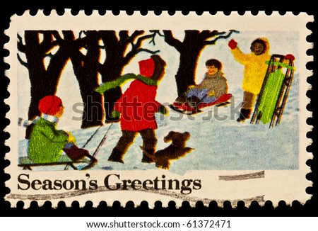 UNITED STATES - CIRCA 1980\'s : A stamp printed in United States. Kids Sleigh Riding Christmas Issue. United States - CIRCA 1980\'s