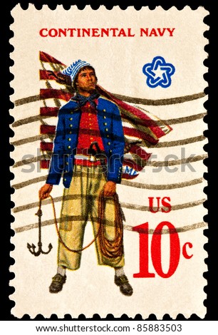 UNITED STATES - CIRCA 1970\'s : A stamp printed in United States. Military uniform of the American Continental Navy. Sailor with grappling hook, First Navy Jack. United States - CIRCA 1970\'s