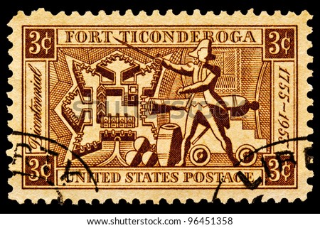 UNITED STATES - CIRCA 1955: A stamp printed in United States.Map of Fort Ticonderoga,artillery and Ethan Allen.United States, circa 1955