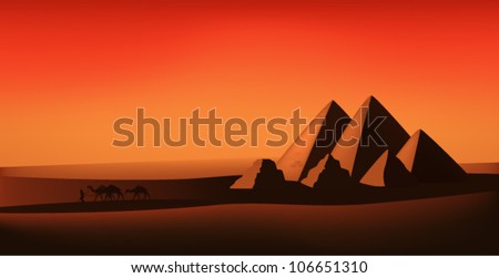 egyptian vector landscape - desert, pyramids and camels at the sunset