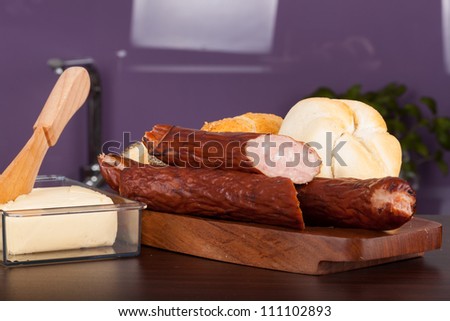 Polish sausages with bread rolls
