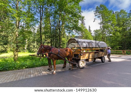 ZAKOPANE, POLAND - JUNE 25: Unidentified people at horse carts in Tatra National Park on 25 June 2013. Horse cart ride is a tourists attraction on the way to the \