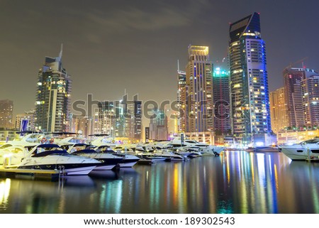 Skyscrapers of Dubai Marina at night, United Arab Emirates