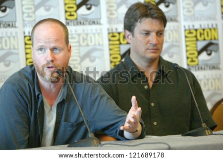 SAN DIEGO, CA - JULY 13: Joss Weedon and Nathan Fillion attends a  press conference for \