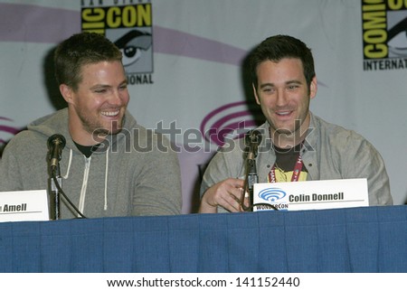 ANAHEIM, CA - MARCH 31: Stephen Amell and Collin Donnell participate in a panel discussion at the 2013 Wondercon convention on March 31, 2013 in Anaheim, CA.