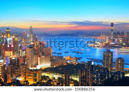 sunset in hong kong city