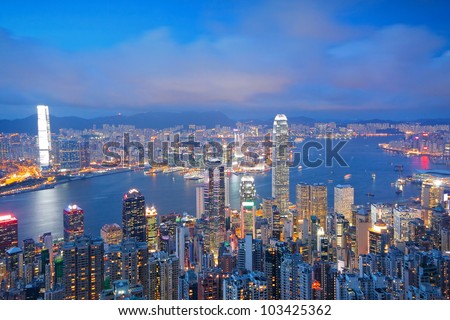 Hong Kong skyline from Victoria Peak at sunrise