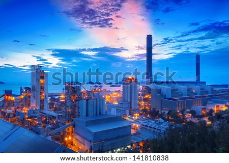 coal power station and cement plant at night