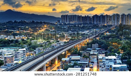 hong kong urban downtown and sunset speed train, Long Ping