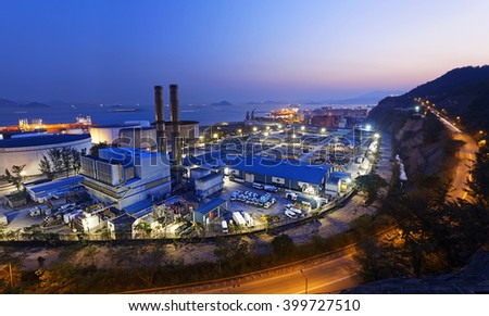 petrochemical industrial plant at night , Coal power station at Hong Kong