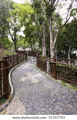 A wide chinese style garden with trees and plants