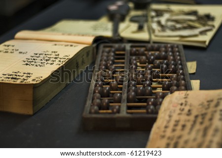 abacus and book on the table in a chinese old shop