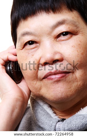 old woman with mobile on white