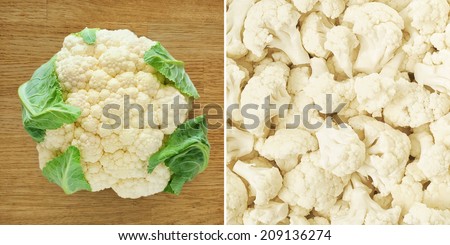 Cauliflower on the wooden table. Healthy food collage.