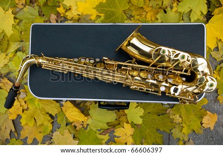Sax with case on the background fall leaves. Autumn Blues