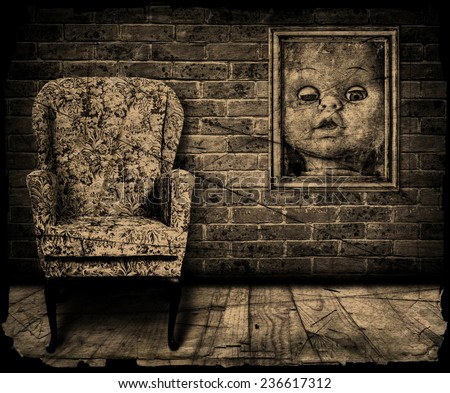 Abstract and surreal of a spooky room with old retro chair and old dolls photograph.