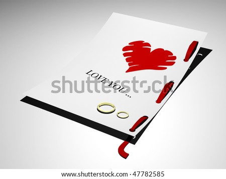 Letter with  words love you, heart and two golden rings