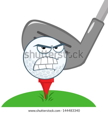 Angry Golf Ball Over Tee Going To Be Hit By Golf Club. Vector Illustration