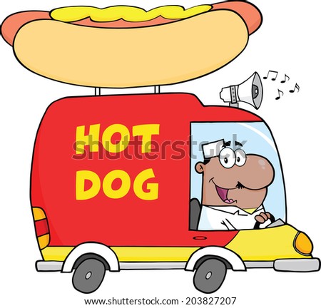 African American Hot Dog Vendor Driving Truck. Vector Illustration Isolated on white