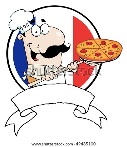 Cartoon Proud Chef Inserting A Pepperoni Pizza In Front Of Flag Of France 