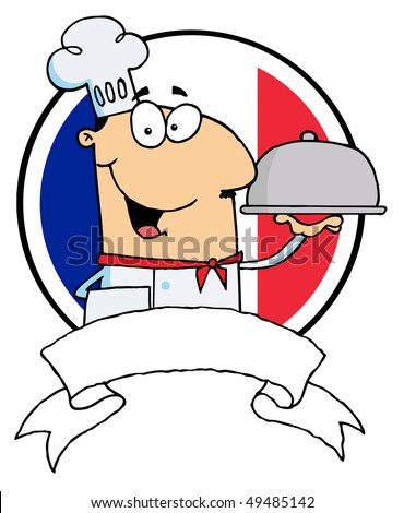 stock vector : Cartoon Male Chef Serving Food In A Sliver Platter In Front 