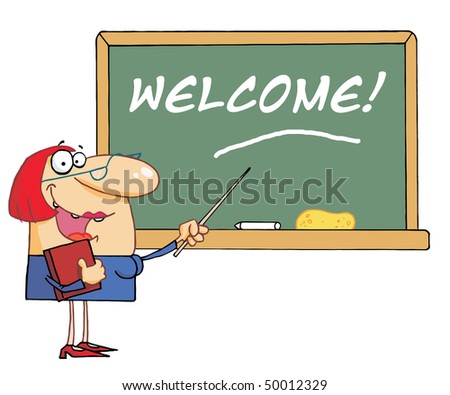 Woman Teacher Pointing To A Welcome  Chalkboard