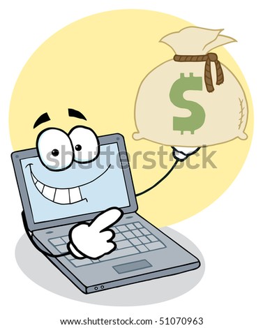 stock vector : Notebook Cartoon Character Displays Money Bag