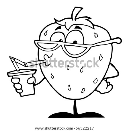 stock vector : Outline Of A Strawberry Cartoon Character Juice Drink