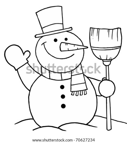 stock photo : Black And White Coloring Page Outline Of A Snowman With A Broom