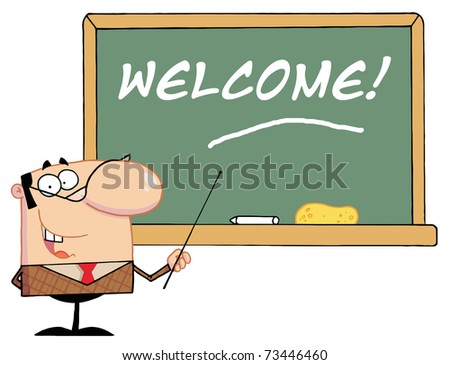 Teacher Pointing To A Welcome Chalkboard