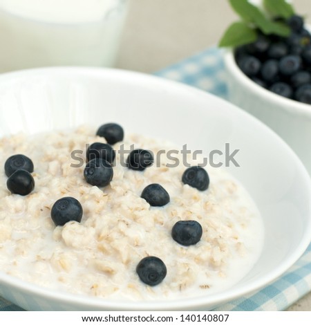 Oatmeal porridge with fresh blueberries, square image