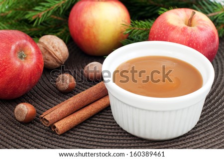 Close up of bowl with apple sauce, cinnamon and fresh apples for christmas dessert, horizontal