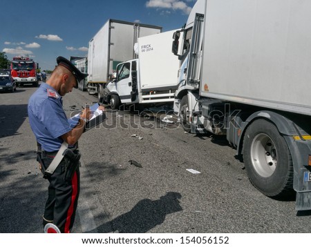 Cervia, Italy Sept 2013: Maxi Accident With Four Trucks And Two Cars On Ss 16 Road