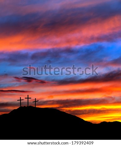 Red sky Easter scene with crosses - religious Christian background