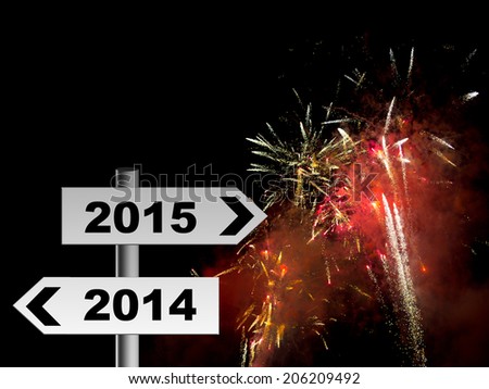 Happy New Year! Road sign with real firework and smoke celebration background. 2015.