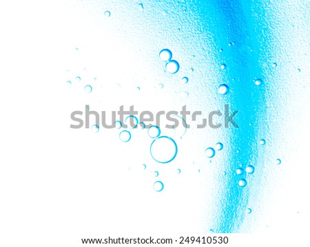 Bubbles and curve, oi and water, play of light. Turquoise, blue, white.