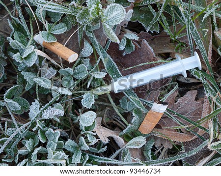 Discarded syringe in gutter with leaves and frost