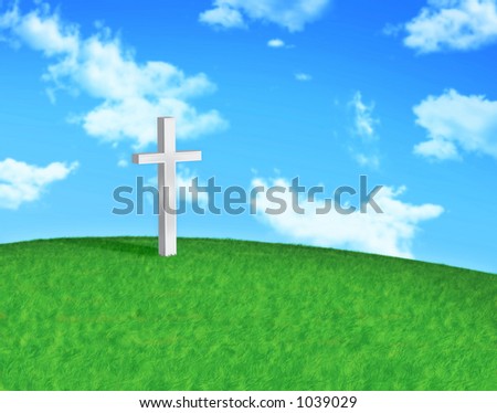 White Cross on grassy hilltop with blue clouds