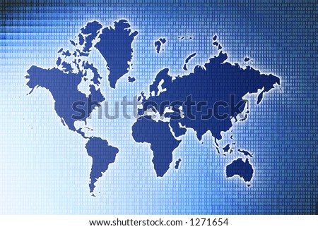 Glowing map of the world with binary code and gradient blue background