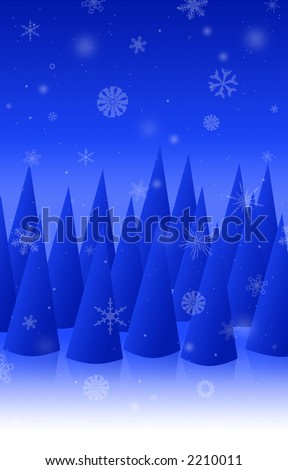 Computer illustration of a winter forest with snowflakes