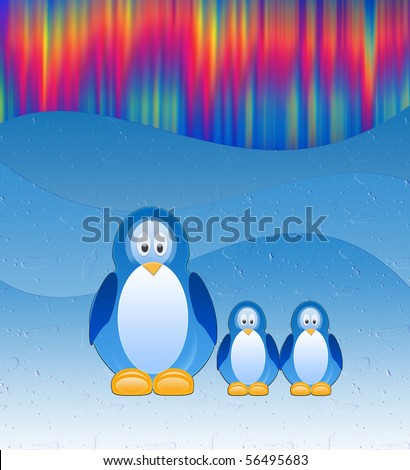 The Penguins on background of the northern lights.