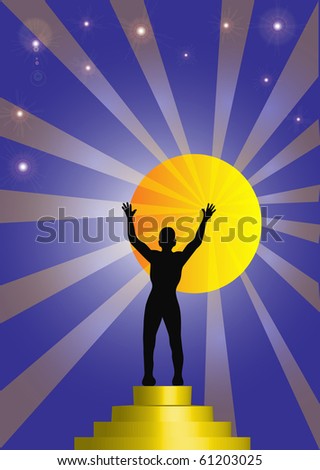 the illustration silhouette person on stairway on background sun.