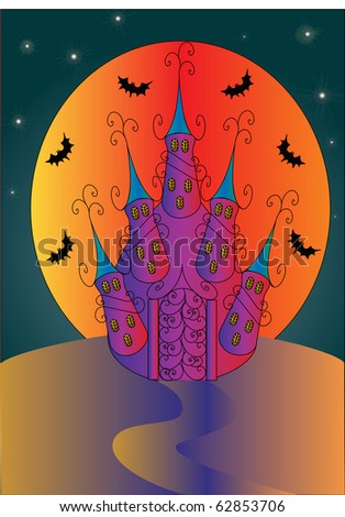 illustration holiday halloween house on background of the moon and bats