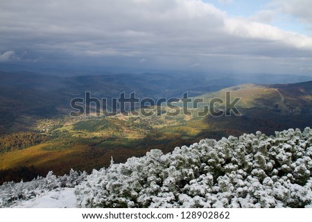 View from trail to the Babia Gora Peak from Beskidy mountains, border of Poland and Slovakia